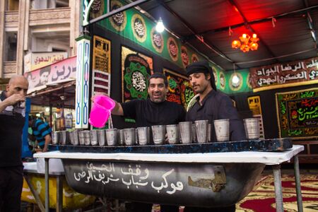 Picture of preparations processions Hosseinieh to receive pilgrims to shrines in Kadhimiya to memorize the martyrdom of Imam Musa al-Kazim.のeditorial素材