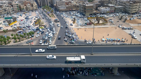 Aerial shot of the city of Medina in Saudi, Which show some streets and residential complexes.のeditorial素材