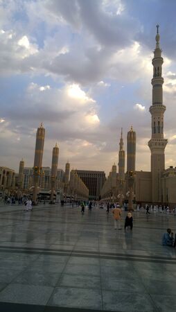 An external image of the Prophet's Mosque in Medina in Saudi Arabia,  It shows the minarets  of the mosque.のeditorial素材