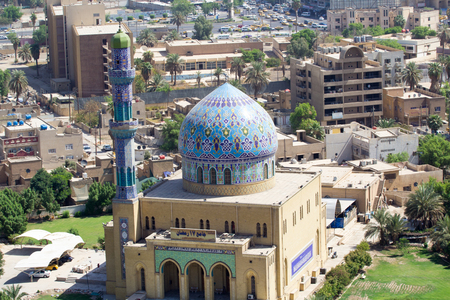 Picture of a mosque 17 Ramadan in Baghdad in Iraq, its contains a decorated dome and minaret.のeditorial素材