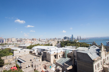 Ariel shoot for Baku city capital of Azerbaijan country, and show some building and Caspian Sea.のeditorial素材