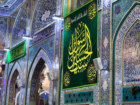 Karblaa, Iraq - 10,Mar 2022: internal picture for imam Abaas holy shrine in Karblaa city in Iraq , and showing oIslamic decor embroidered with gold and beautiful inscriptionsのeditorial素材