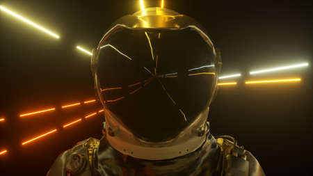 Astronaut in neon space close-up. Bright rays of neon fly by. 3d illustration
