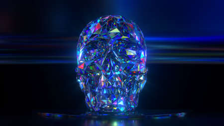 Diamond skull shines on a black background. Halloween concept. 3d illustration