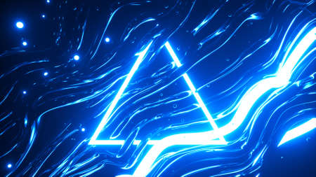 Flashing wires and triangle. Abstract club composition with neon flashes. 3d illustrationの写真素材