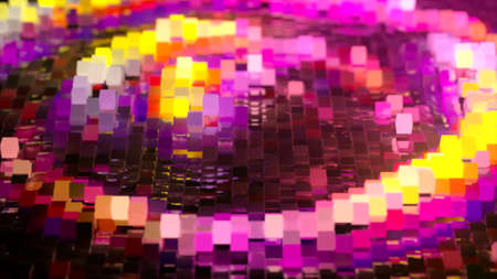 Abstract wave surface consisting of blocks moves in a random chaotic order. Pink yellow color. 3d Illustrationの写真素材