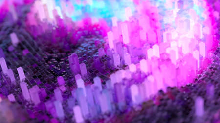 Abstract wave surface consisting of blocks moves in a random chaotic order. Blue pink color. 3d...