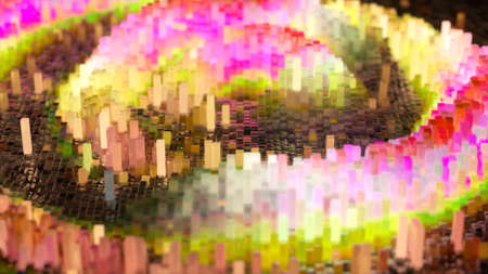 Abstract wave surface consisting of blocks moves in a random chaotic order. Pink yellow color. 3d Illustrationの写真素材