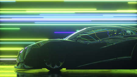 Futuristic concept. The sports car is moving against the backdrop of glowing neon lines. Blue green color. 3d Illustrationの写真素材