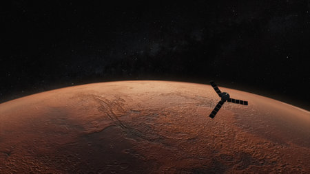 Cosmos concept. A space satellite flies over the red planet. Mars. 3d Illustrationの写真素材