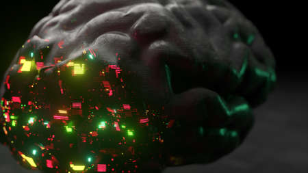 Futuristic concept. The glass brain emerges from a matte black shell. Green red neon light. 3d...