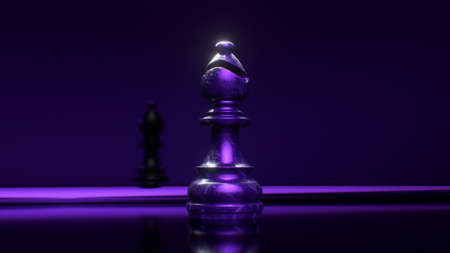 Game concept. Dark marble chess bishop. Blue violet neon light. 3d illustrationの写真素材