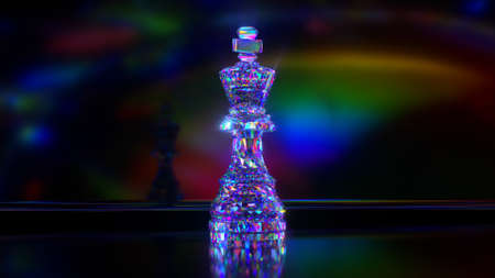 Game concept. Diamond Chess King. Close-up. Blue neon color. 3d illustrationの写真素材