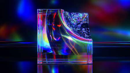 Mirrored diamond cube on an abstract background. Blue pink color. 3d illustrationの写真素材
