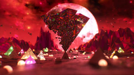 The glass pyramid breaks apart over the surface of the planet. Moon. Pink red color. 3d illustrationの写真素材