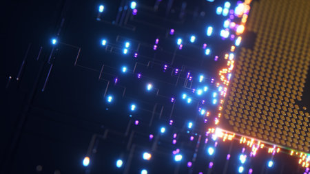 CPU processor sends data. Neon particles. The concept of data transfer and connections. Blue neon color. 3d illustrationの写真素材