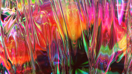 Folds on the surface of a transparent iridescent fabric. Pink yellow color. Texture. Close-up. 3d...