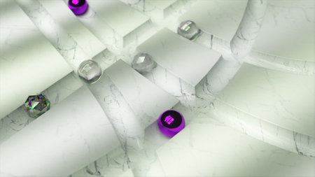 Diamond and metal and glass balls roll through the white marble labyrinth. White purple color. 3d...