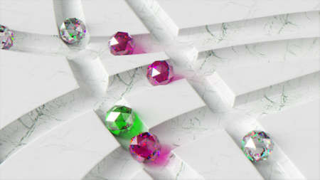 Colored diamond balls roll across the white marble labyrinth. Green, purple sphere. 3d Illustration