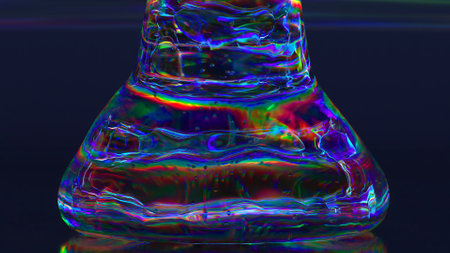 Abstract concept. Liquid gel diamond matter flows down onto a smooth glossy surface. Blue neon color. 3d illustration.の写真素材