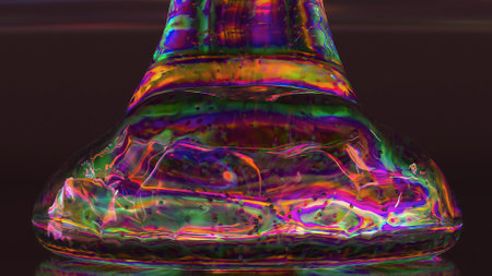 Transparent diamond gel liquid pouring on dark background. Purple neon color. Air bubbles. Slow...