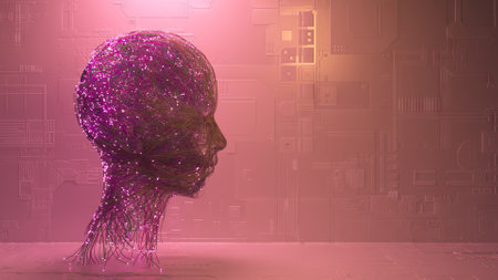 The neural connection creates the silhouette of a human head. Glowing particles. Artificial...