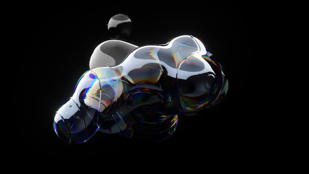 Abstract concept. Liquid neon gel moves and divides into bubbles on a dark background. Advertising....