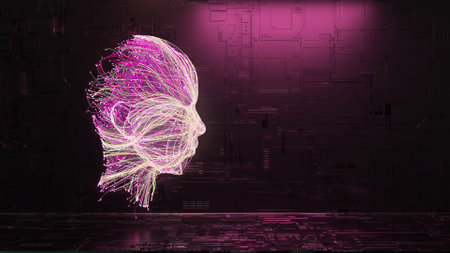 The concept of creating AI. The neural system is improved and creates a human face. Purple neon...