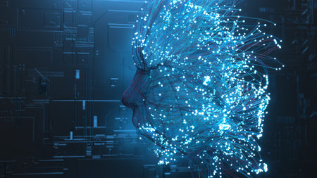 Human face emerges from neon particles and neurons. The creation of man. Artificial intelligence. Blue neon.の写真素材