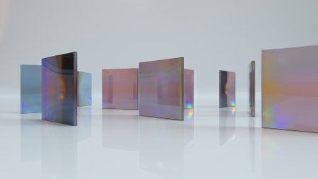 Darkened rectangular lenses rotate in a circle on a light background. Light refraction. Clear geometric glass.の写真素材