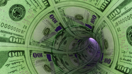 Finance concept. Flight through the tunnel of dollars. A light at the end of a tunnel. 3d illustration.の写真素材