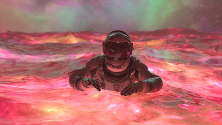 Space abstract concept. The astronaut swims in the red space water. Neon. Aurora Borealis. Waves....