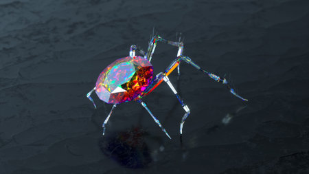 Diamond spider close-up. Body made of large diamond stone. Ruby. Walking. Diamond spider legs. Abstract background. High quality 3d illustrationの写真素材