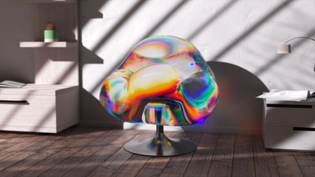 An office chair turns into a liquid transparent rainbow substance. Office furniture. Shadow on the white wall. High quality 3d illustrationの写真素材