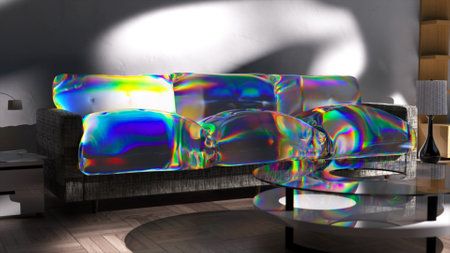 Gray sofa transforms into a liquid transparent rainbow substance. Office furniture. Shadow on the white wall. High quality 3d illustrationの写真素材