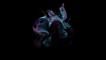 Whirlwind of colored particles on a black isolated background. Video animation with surreal liquid...