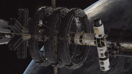 Space station in Earth orbit.  Space conquest. A view of the Earth and a spaceship. 3d render. High...