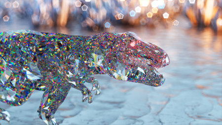 Diamond dinosaur walks on a glowing background. Slow motion. Brilliant, shining. High quality 3d illustrationの写真素材