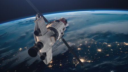 A view of the Earth and a spaceship. International space station is orbiting the Earth. Satellite in...