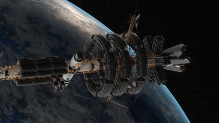 Space station in Earth orbit. Space conquest. A view of the Earth and a spaceship. 3d render. High...