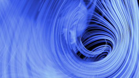 Abstract concept. Many blue neon thin lines draw swirling patterns against a dark background. Frost....