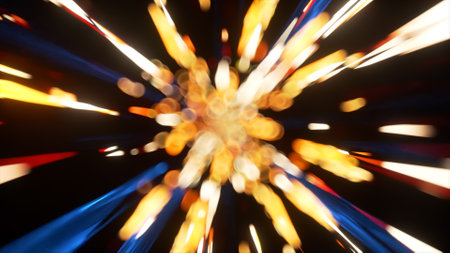 Golden shining rays of light fly through space on a dark background. Bokeh. Blur. Sparks. . High quality 3d illustrationの写真素材