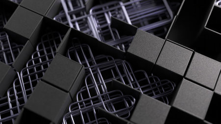 Intricate 3D labyrinth of matte black cubes and silver grids, casting subtle shadows.の写真素材