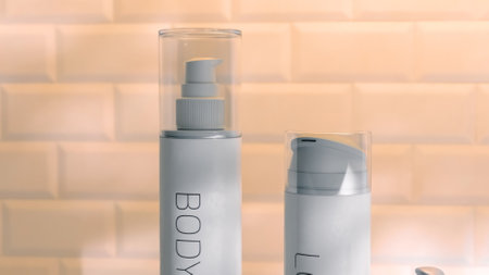 Close-up of skincare bottles in 3D illustration, showcasing modern design with clean lines and...