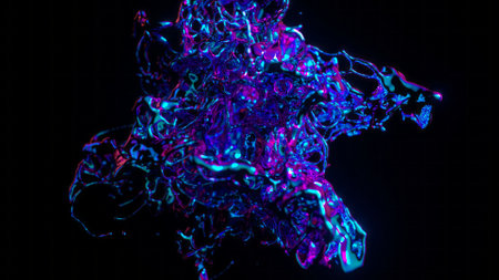 Neon liquid tendrils in 3D illustration, twisting in a chaotic dance, illuminated with vibrant pink and blue highlightsの写真素材