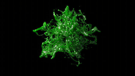 Green liquid explosion in 3D illustration, capturing a high-detail, dynamic splash against a stark black background.の写真素材