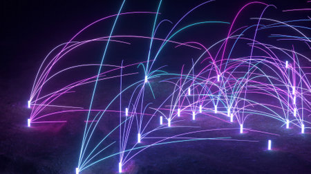 Neon light trails curve through a dark landscape in this 3D illustration, creating an electric...