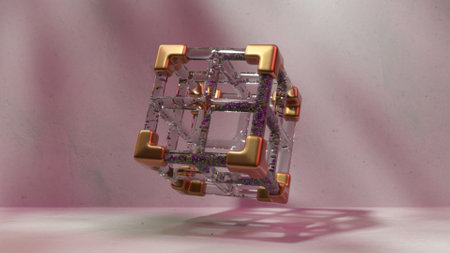 3D illustration purple and glass cube casting shadows on a textured surface, particles contained...