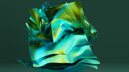Abstract concept. Shiny square pieces of golden green fabric rotate on an isolated background. 3d illustration.の写真素材