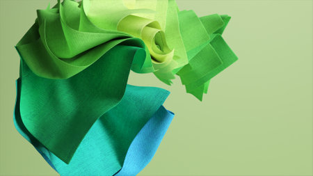 Fashion concept. A stack of flying square colored pieces of fabric rotating on isolated background. Green blue draperyの写真素材
